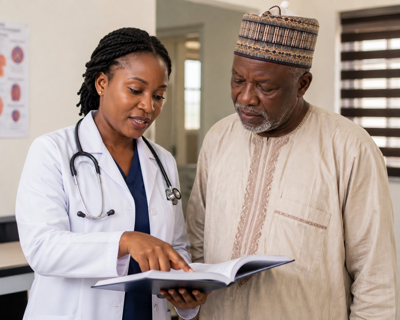 A consultant at Meddy Hospital reviewing a patient's results with him